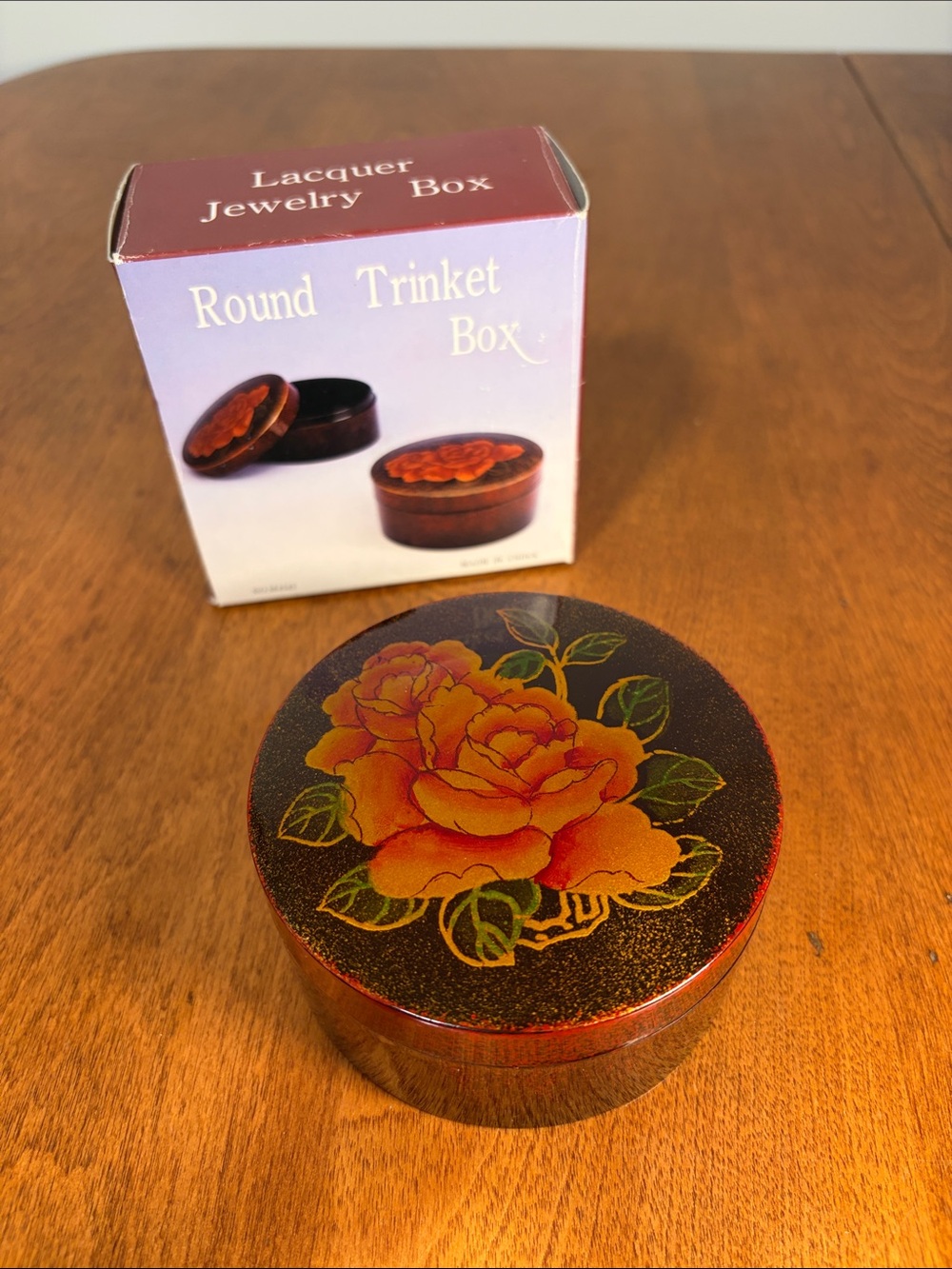 Lacquer Round Trinket Box with Rose Design